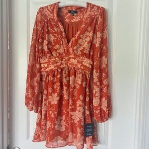 NWT Lulus burnt orange floral dress with sparkle detail, sheer w/ inlay, small